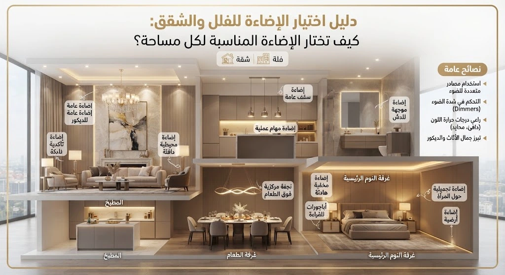 اختيار الإضاءة للفلل والشقق,إضاءة الفلل,إضاءة الشقق,فضل إضاءة للمنزل