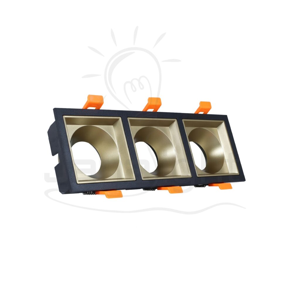 سبوت لايت فارغ ثابت 3 عين بلاستيك مربع اسود و ذهبي مط جنى لايت LT-231 Recessed triple rectangular frame black and matt gold spotlight