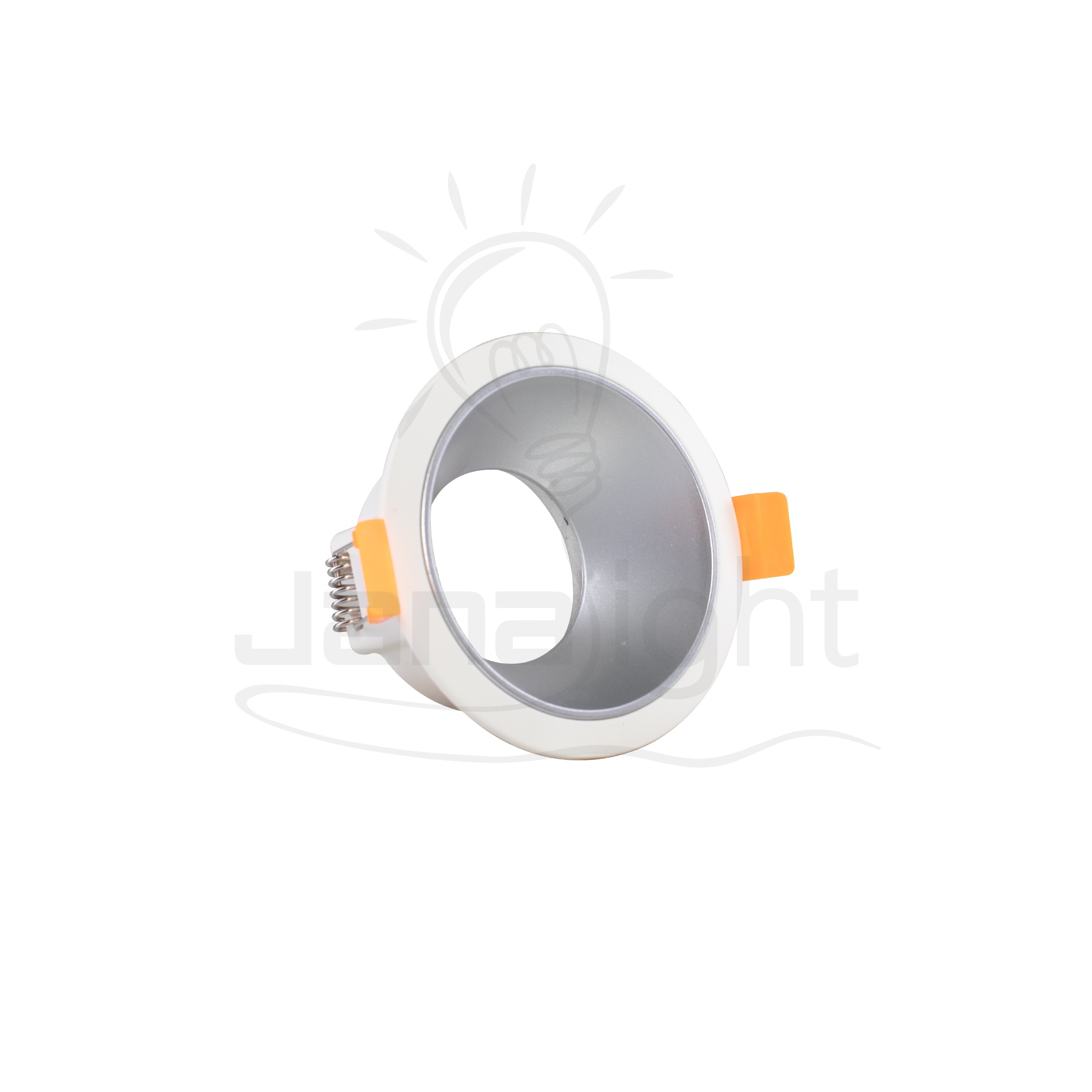 سبوت لايت فارغ مدور بلاستك شفه رفيعة ابيض فضي جنى لايت Empty round plastic spotlight with a thin lip white and silver Jana Light