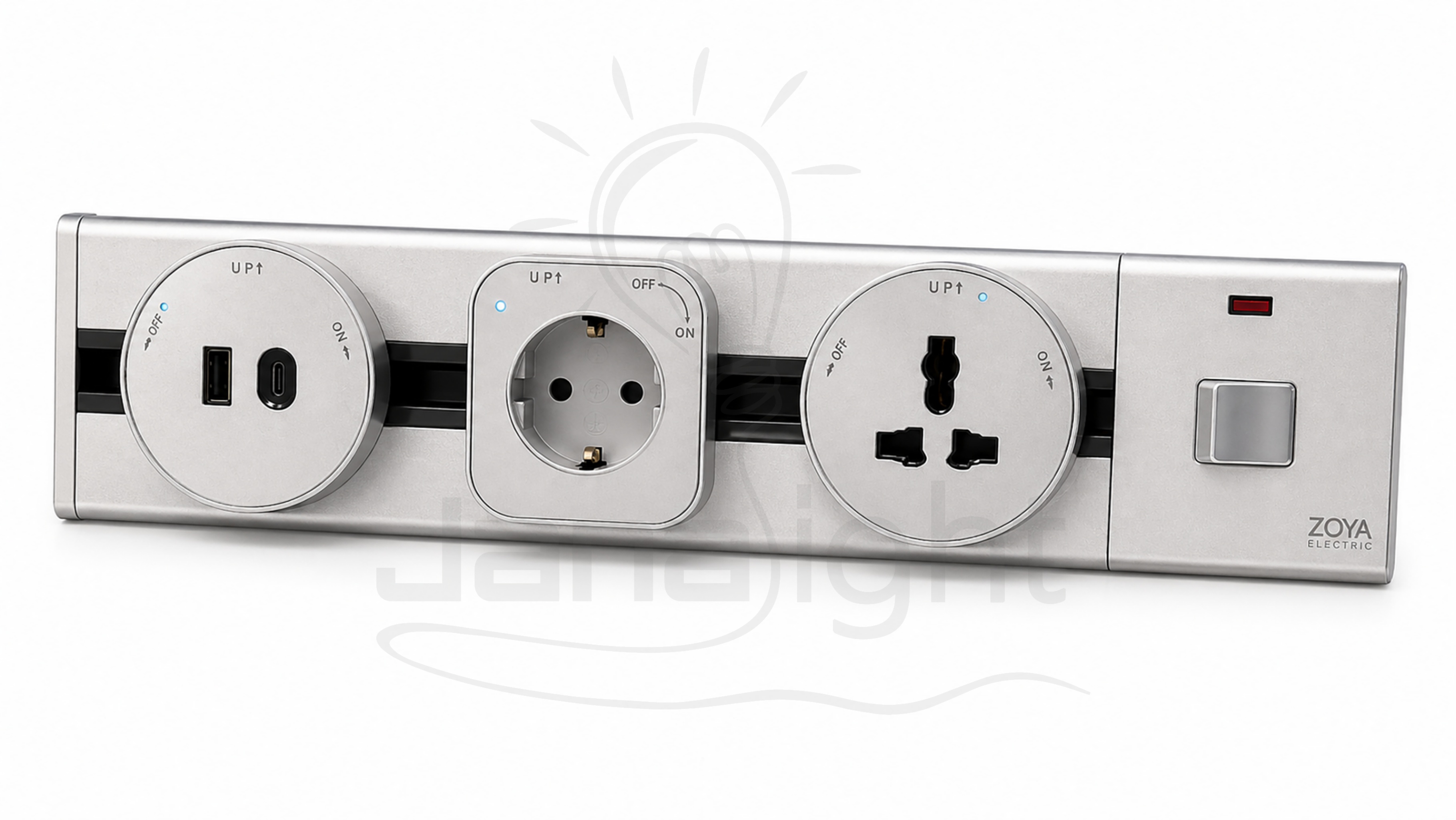 عود تراك سوكت فضي 40 سم بمفتاح مع بريزة سوكيت انجليزي وبريزة سوكت ألماني ومدخل سوكيت Type-C و USB Track Socket silver 40CM by key with English socket + German socket + Type-C socket input and USB port