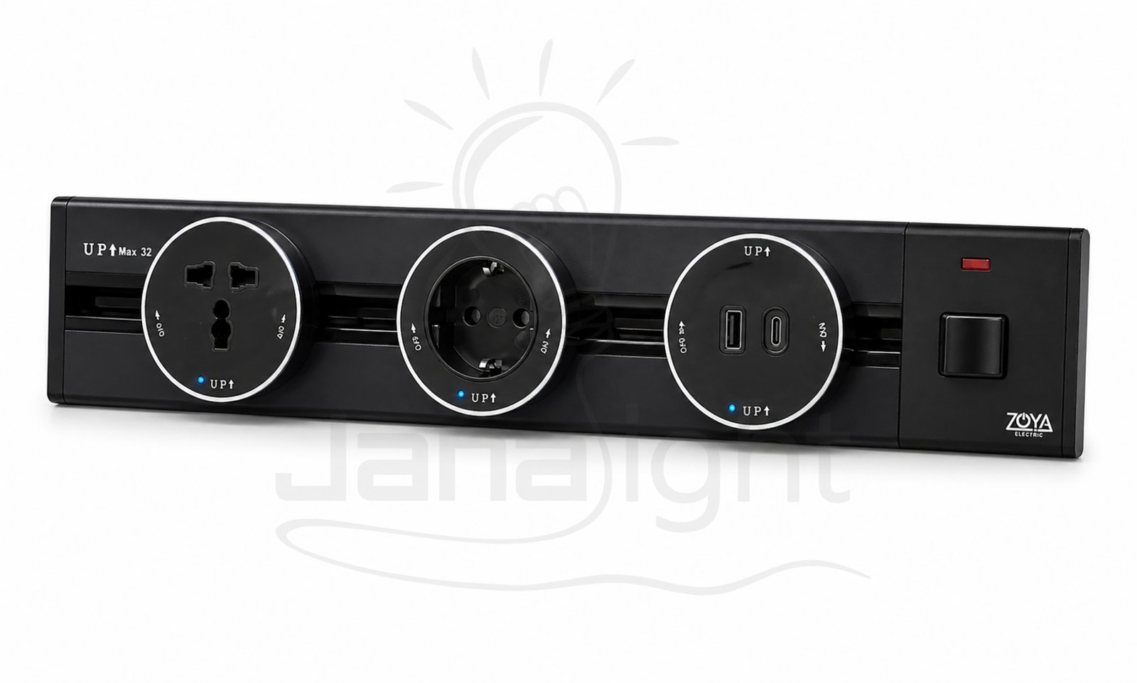 عود تراك سوكت أسود 50 سم بمفتاح مع بريزة سوكت انجليزي وبريزة سوكت ألماني ومدخل سوكت Type-C و USB Track Socket black 50CM by key with English socket + German socket + Type-C socket input and USB port