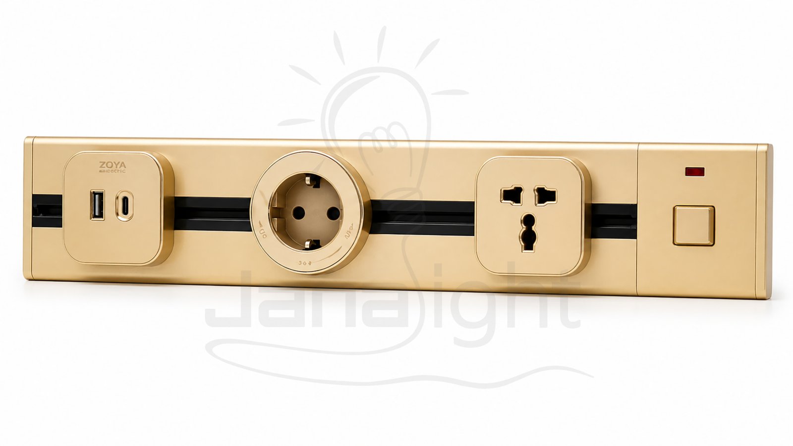 عود تراك سوكت ذهبي 50 سم بمفتاح مع بريزة سوكت انجليزي وبريزة سوكت ألماني ومدخل سوكت Type-C و USB Track Socket Gold 50cm by key with English socket + German socket + Type-C socket input and USB port