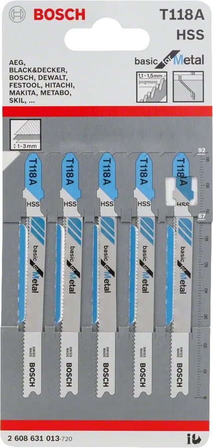 سلاح منشار اركيت للحديد قطعيه مستقيمه 5 قطع P2608.631.013 بوش Bosch T 118 A "Basic for Metal" Jigsaw Blades, 5 pcs — Straight Cuts in Metal