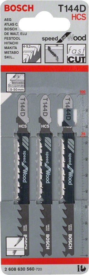 سلاح منشار اركيت للخشب قطعيه مستقيمه و خشنه 3 قطع P2608.630.040 بوش Bosch T 144 D "Speed for Wood" Jigsaw Blades, 3 pcs — Fast Straight Cuts in Wood