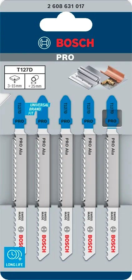 سلاح منشار اركيت للالومنيوم قطعيه مستقيمه 5 قطع P2608.631.508 بوش Bosch T 127 D &Quot;Special For Alu&Quot; Jigsaw Blades, 5 Pcs — Straight Cuts In Aluminium