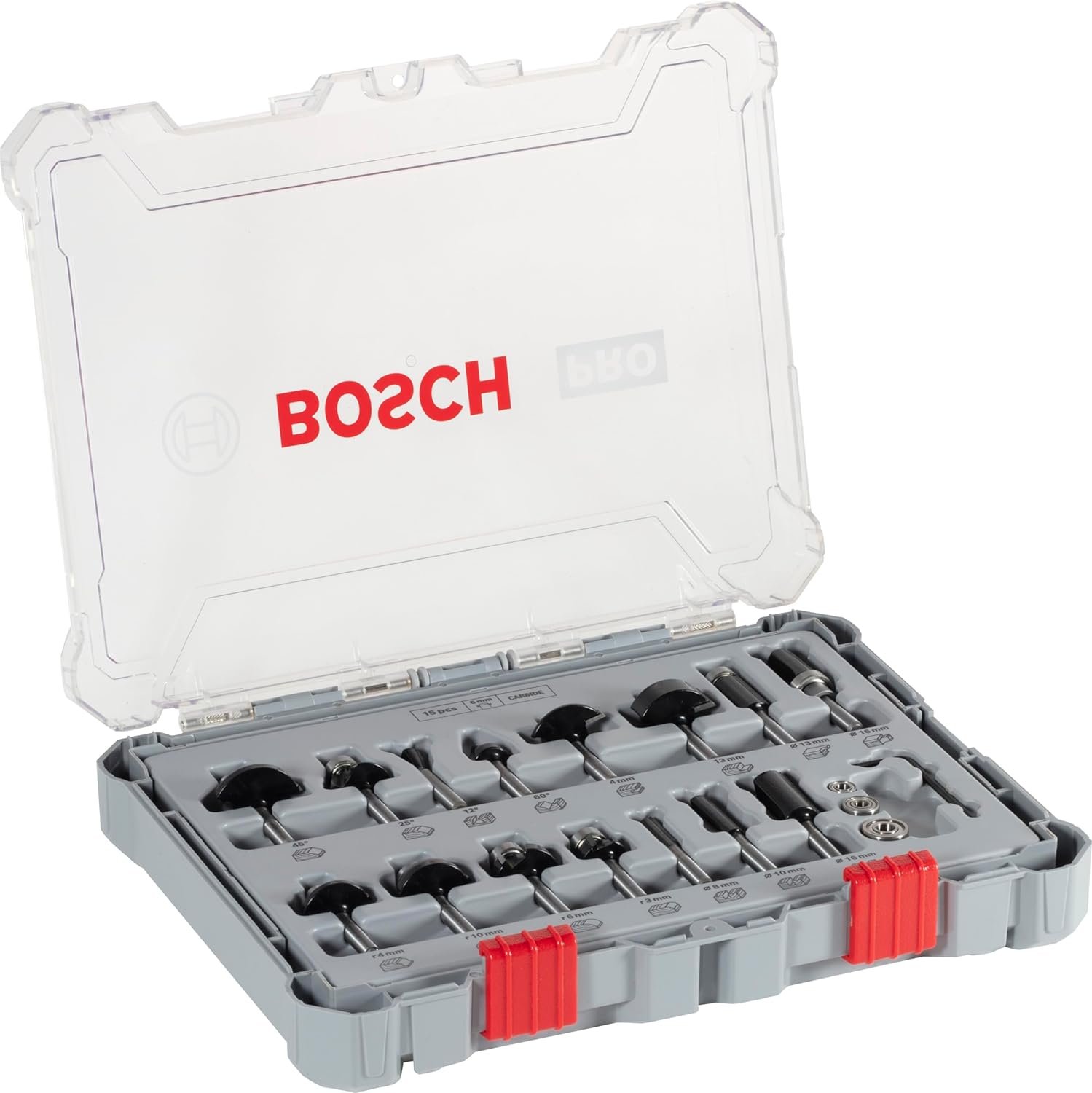 طقم بنط الراوتر للتجاويف المستقيمه و الدائريه 15 قطعه كعب 6 مم P2607.017.471 بوش Router bit set for straight and round grooves 15-piece 6mm shank P2607.017.471 Bosch