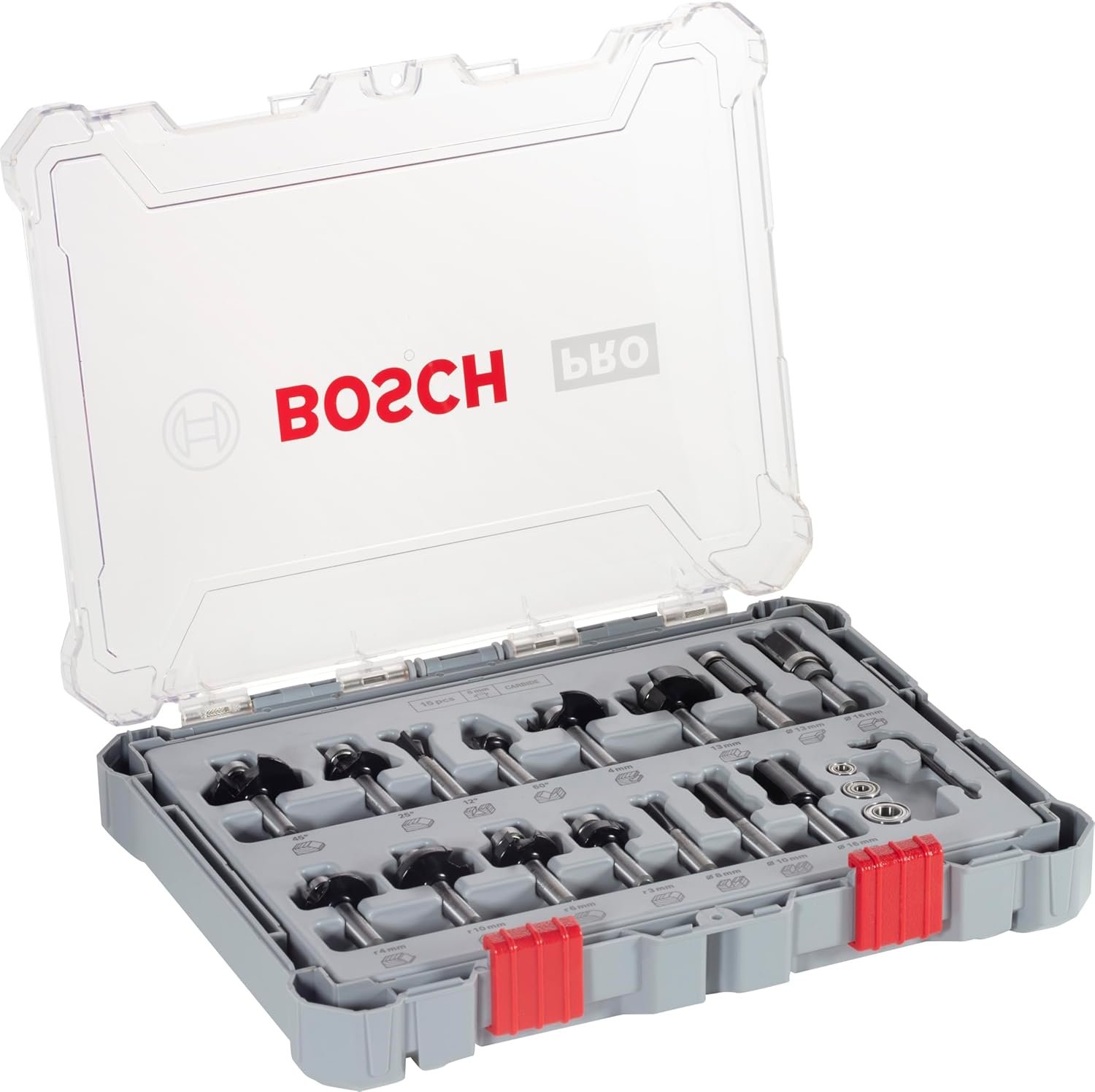 طقم بنط الراوتر للتجاويف المستقيمه و الدائريه 15 قطعه كعب 8 مم P2607.017.472 بوش Router bit set for straight and round grooves 15-piece 8mm shank P2607.017.472 Bosch