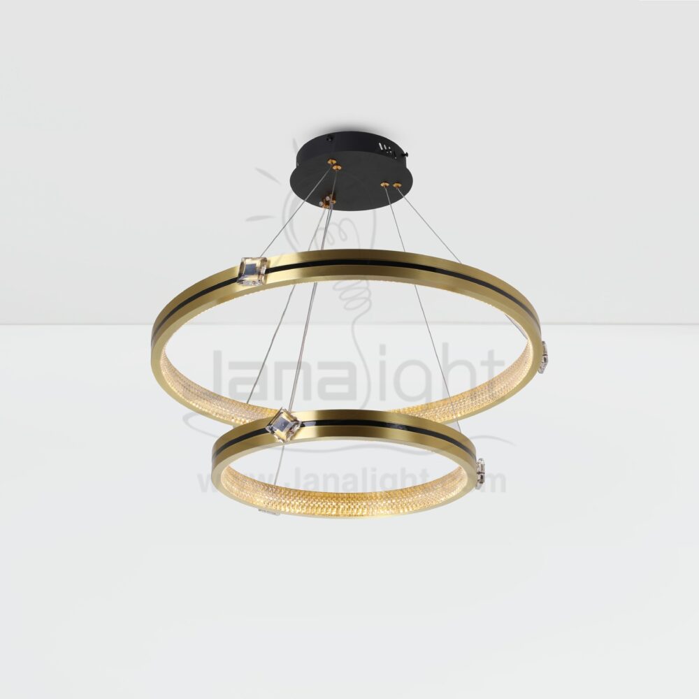 دلاية ليد دوائر ثنائية اطار كريستال داخلي مع خط اسود خارجي Modern luminaire hanglamp ceiling pendant light led chandeliers black acrylic and gold 2 circular ring