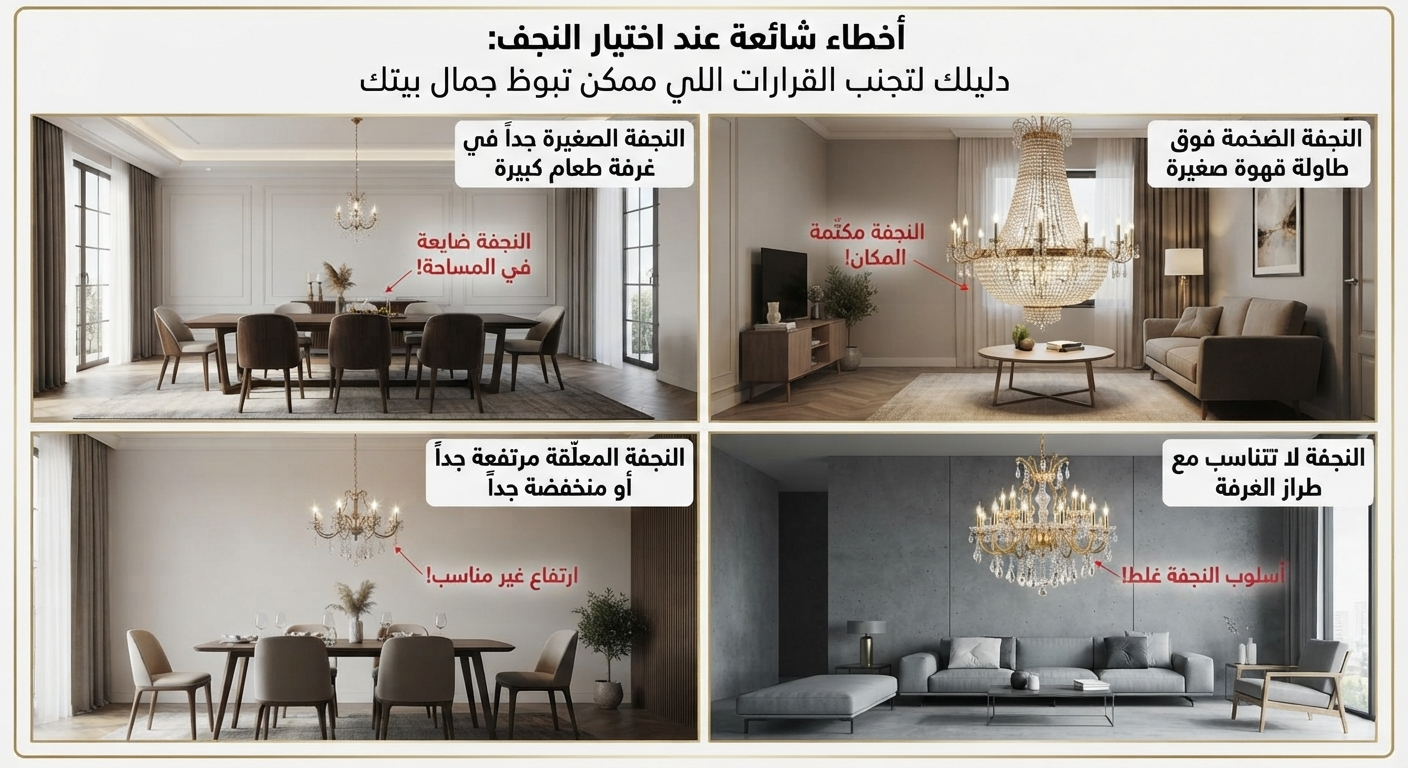 أخطاء شائعة عند اختيار النجف: دليلك لتجنب القرارات اللي ممكن تبوظ جمال بيتك
